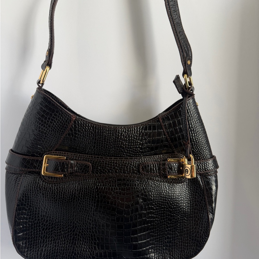 Etienne Aigner Black Croc-Embossed Leather Shoulder Bag Hobo